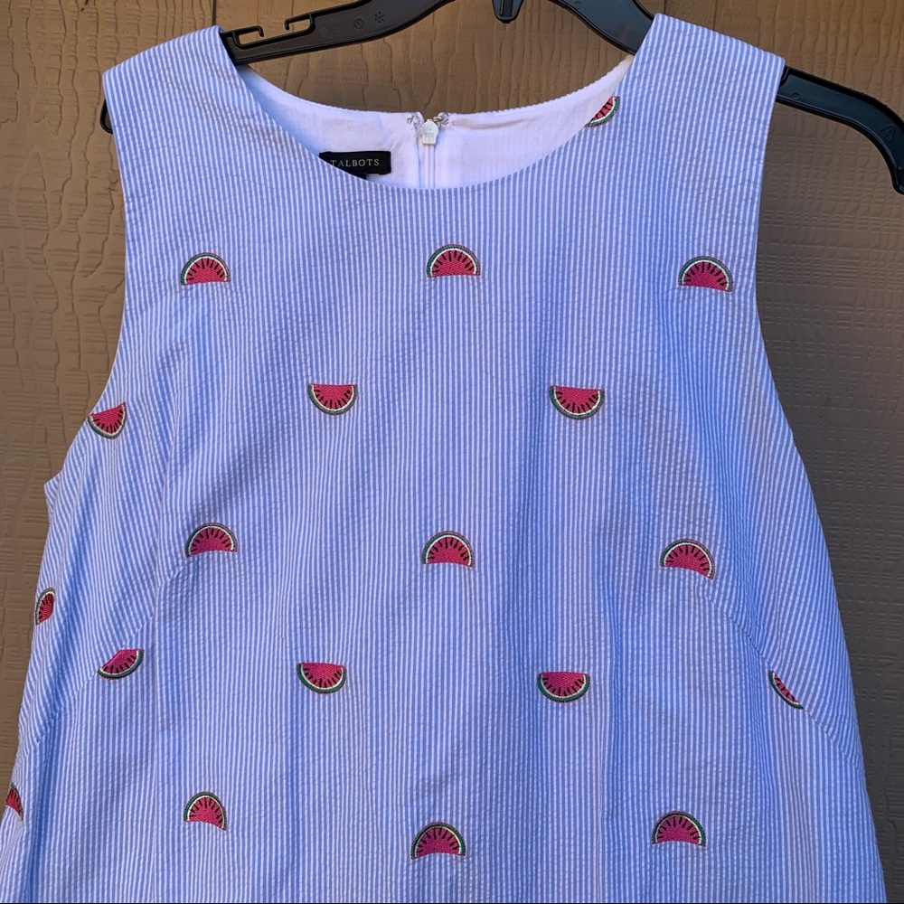 Talbots Light Blue Seersucker Dress with Pink Watermelon Embroidery